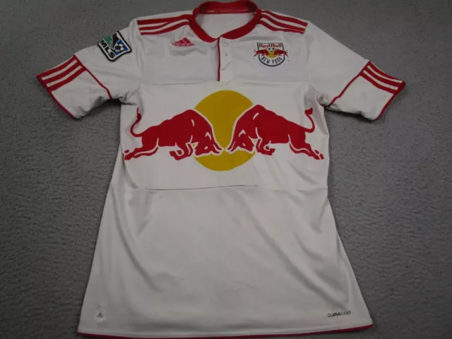 New York Red Bull Jersey Mens Small White Adidas MLS Soccer Short Sleeve