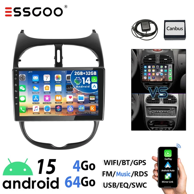 Ossuret Autoradio Pour Peugeot 206 206CC 206SW (2000-2008), 7 Pouces Android 14 écran Tactile 2+32 Go Navigation GPS Avec Carplay Android Auto WiFi Bluetooth USB
