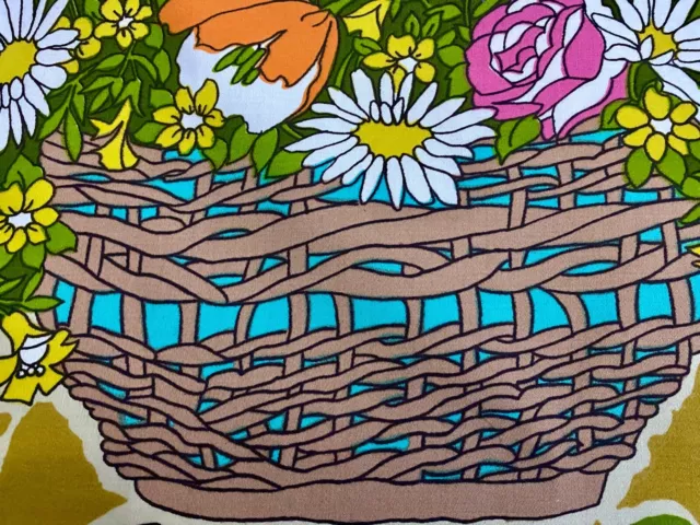 RETRO 1960's Golden Girls KITCHEN Basket of FLOWERS Barkcloth Era Vintage Fabric