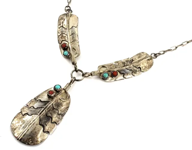 Sterling Silver Necklace 16 Inch Southwestern Feather Turquoise Coral Vintage