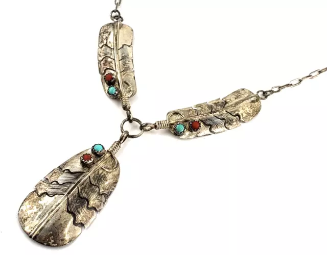 Sterling Silver Necklace 16 Inch Southwestern Feather Turquoise Coral Vintage