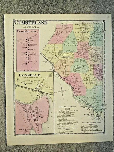 1870 Cumberland, Ri.  Map That Has Been Removed From The Beer's 1870 Atlas