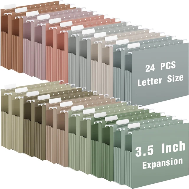 24 Pcs Letter Size Hanging File Folders 3.5 Inch Extra Capacity Expansion Colore