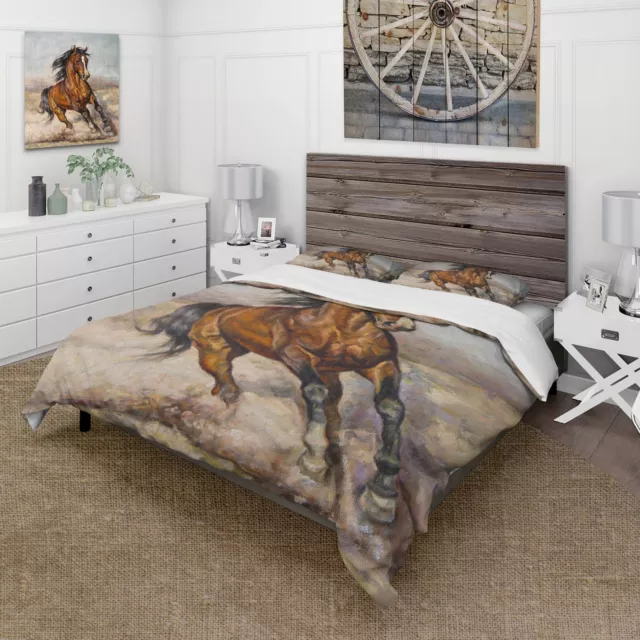 Designart 'Painting Of A Horse In The Race' Farmhouse Duvet Brown Twin Cover + C