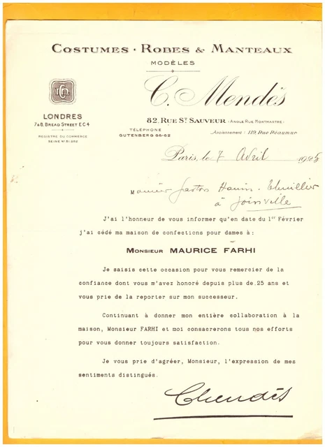 PARIS (II°) CONFECTION pour DAMES "C. MENDES / Maurice FARHI" 2 Lettres en 1925