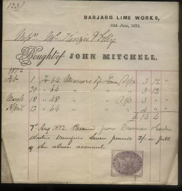 1872 BARJAR LIME WORKS, DUMFRIESSHIRE, JOHN MITCHELL, BILL TO McKENZIE & SOLLEY