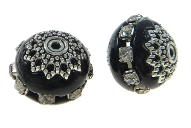 INDISCHE KERAMIK KASHMIRI PERLEN STRASS SCHWARZ HANDARBEIT 16mm R381