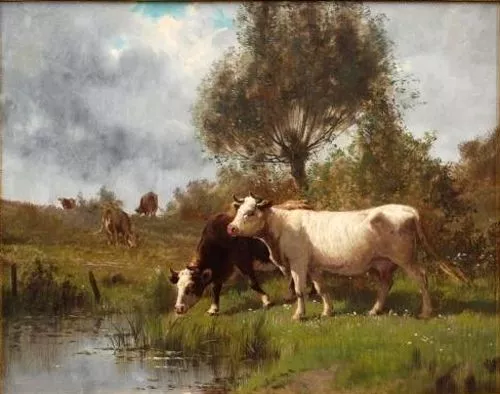 Art Oil painting cows cattles by pond in landscape with trees canvas 36"