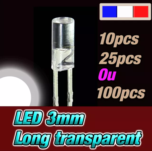 215BL# LED 3mm blanc cylindrique long- dispo 10, 25 ou 100pcs * white flat TOP