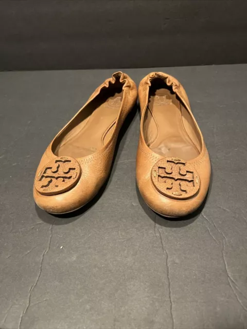 Tory Burch Reva Ballet Flat Royal Tan Pebbled Leather Logo Comfort Brown