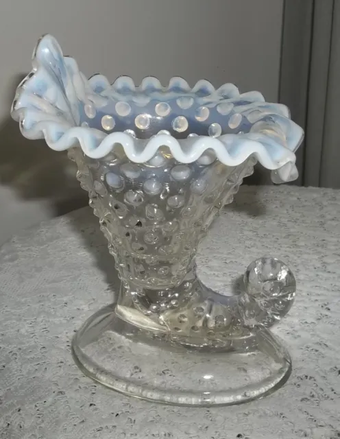 Vintage Fenton White Opalescent Hobnail RUFFLED  Cornucopia Vase 6 1/8"