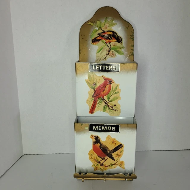 ORGANIZADOR DE CORREO DE PARED DE HOJALATA de colección década de 1950 soporte de billetes PÁJAROS