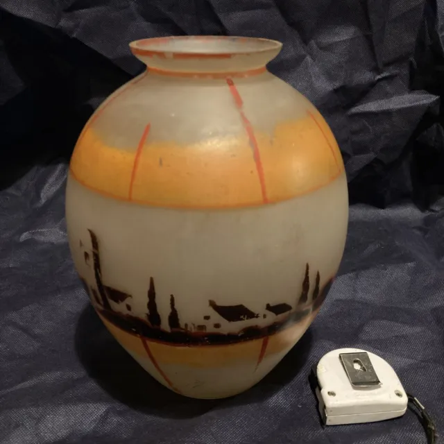 Grand Vase Boule En Verre Ancien  Décor Bord De Mer Peint Signé Belval