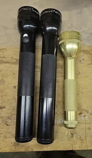 GOLD Vintage MAG LITE 2 C CELL flashlight RARE And 2 X 3 d Cell Maglite Tested