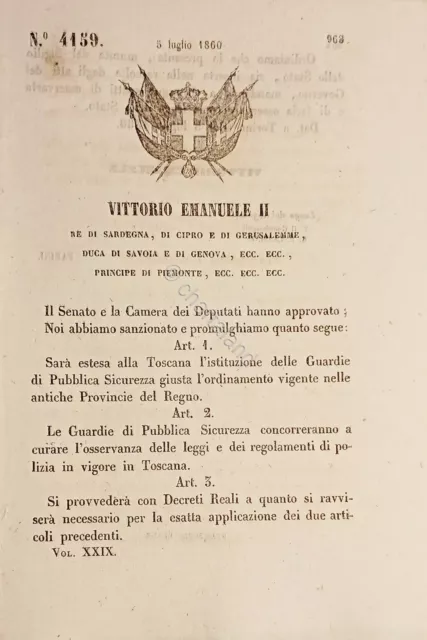 Decreto Regno Sardegna - Estensione Guardie Pubblica Sicurezza alla Toscana 1860