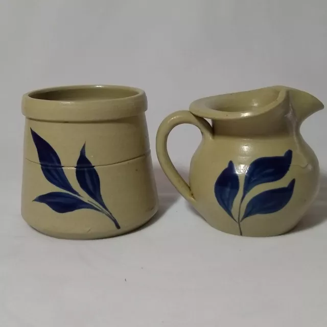 Williamsburg Pottery Blue Flower Creamer and Sugar Bowl Set