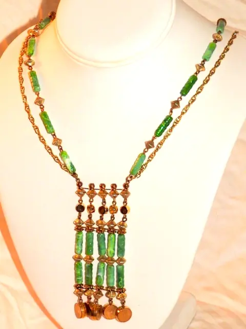 Egyptian Revival Necklace Faux Jade Beads Signed Vintage Freirich