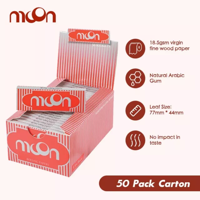 50 Booklets Moon Red 1 1/4 Size Rolling Paper Full Box 77 mm Tobacco USA SHIPPED 3