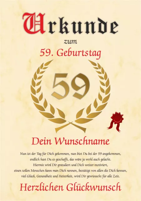 59 Geburtstag Geschenk Urkunde Geburtstag Jahrgang 1965 Mann Frau 59 Jahre NEU