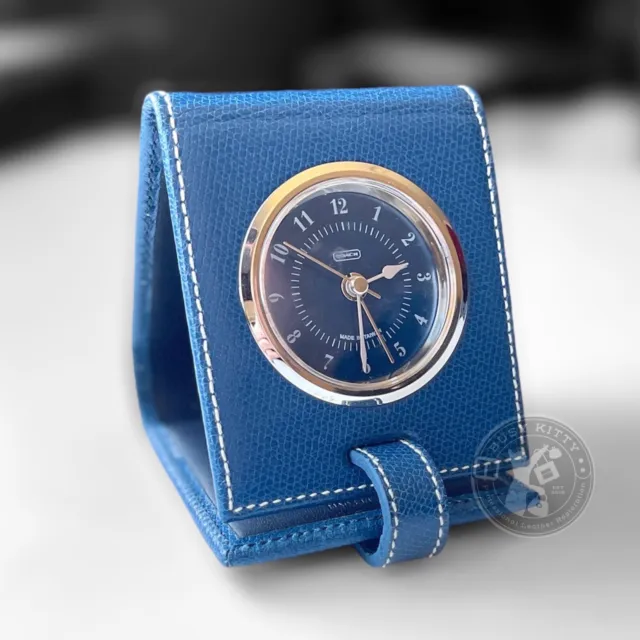 Vintage Coach Textured Blue Calf Leather Folding Travel Clock Y2K Era