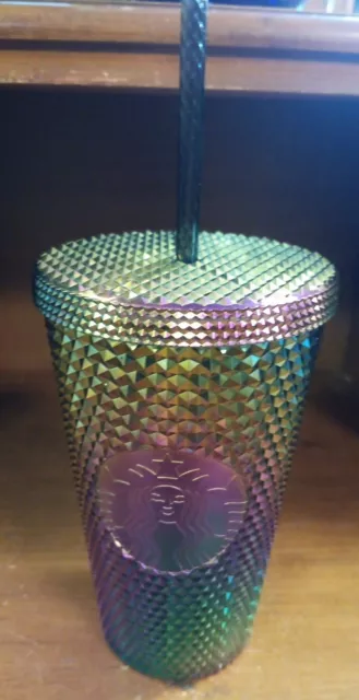 Starbucks Oil Slick Rainbow Studded Cold Cup Tumbler Straw Iridescent 24oz