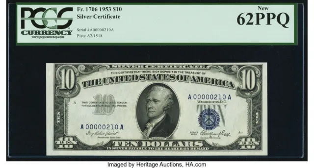 Low Serial Number 00000210 Fr. 1706 $10 1953 Silver Certificate. PCGS New 62PPQ