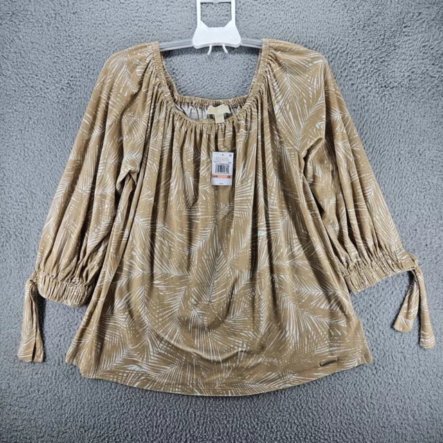 NWT - Michael Michael Kors Women's Top Size Plus 2X White Brown Leave Print - 2X