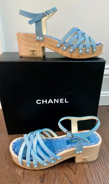 Chanel Light Blue Denim Raffia Platform Wedge Ankle Strap