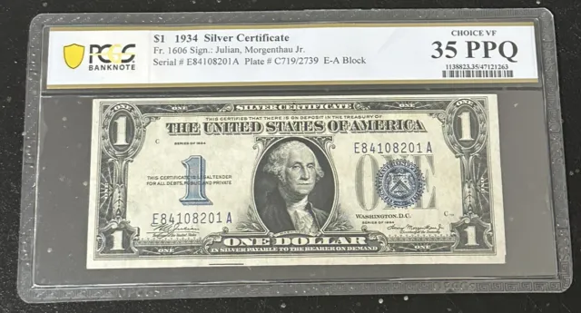 1934 $1 Silver Certificate Note Bill Fr. 1606 PCGS VF 35 PPQ Funny Back - TCCCX