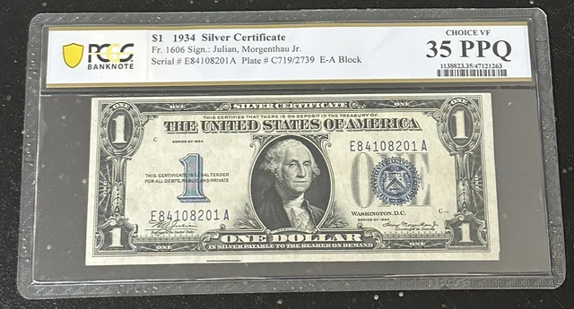 1934 $1 Silver Certificate Note Bill Fr. 1606 PCGS VF 35 PPQ Funny Back - TCCCX