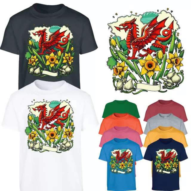 Proudly Welsh St Davids Day Boys T-Shirt Daffodil Dragon Gift Girl Kids Tshirt