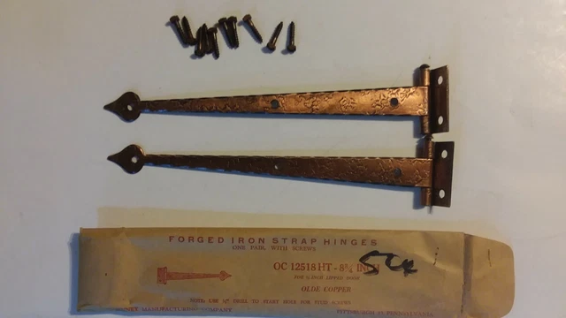STRAP HINGES 2 Antique Forged Iron 8 3/4"  McKinney w/Screws Olde Copper Finish