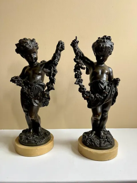 Pair French Bronze Cherub Putti Sculptures Holding Flower Garlands Signed Moreau