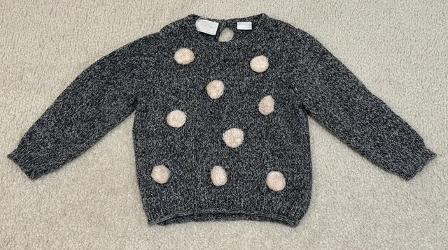 Zara Baby Girl Grey Sweater With Pink Pom Poms Size 2-3 Good Condition