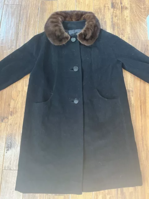 Vintage Shagmoor S/M Black Wool Swing Coat Brown Fur Collar Union Buttons