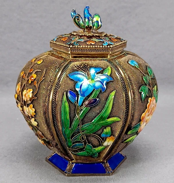 Antique Chinese Export Gilt Silver Filigree & Enamel Tea Caddy Circa 1900