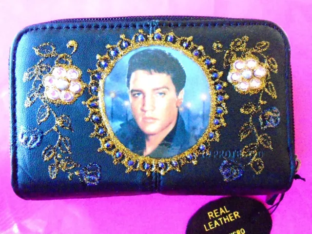 New Black Soft Leather " Elvis Presley" Picture Purse/Wallet Rfid Protected