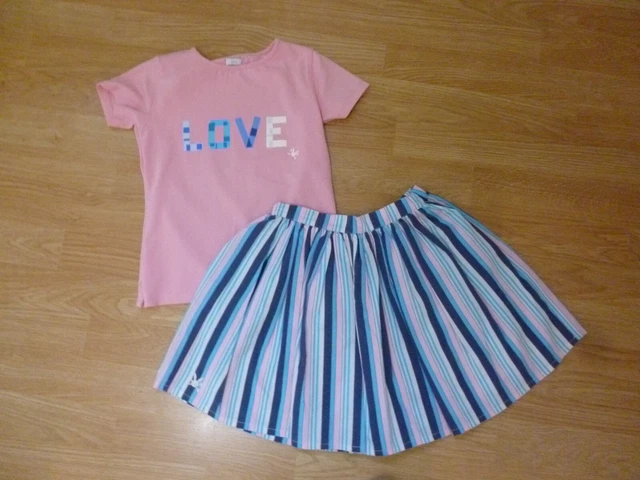 Girls Designer NO ADDED SUGAR Blue & Pink Striped Skirt & Tee Outfit  7-8 Yrs