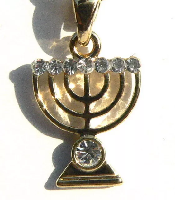 Jewish Menorah Pendant & Necklace Gold Tone w/Shiny Crystals Holy Land Jerusalem