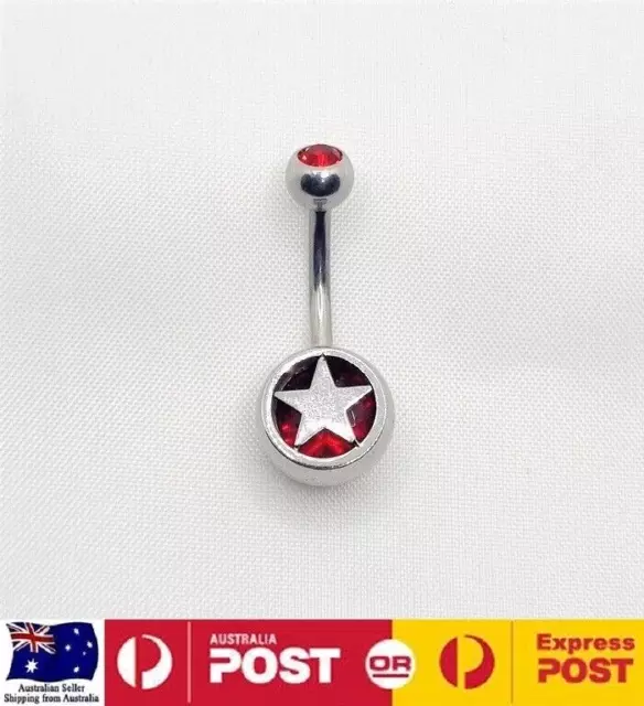 Red Round Gem And Star Belly Bar Navel Ring Body Piercing Jewellery