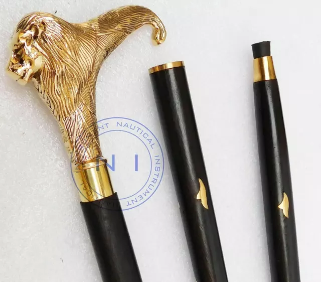 Designer Brass Solid Lion head handle Wooden Walking Stick  Vintage style Cane