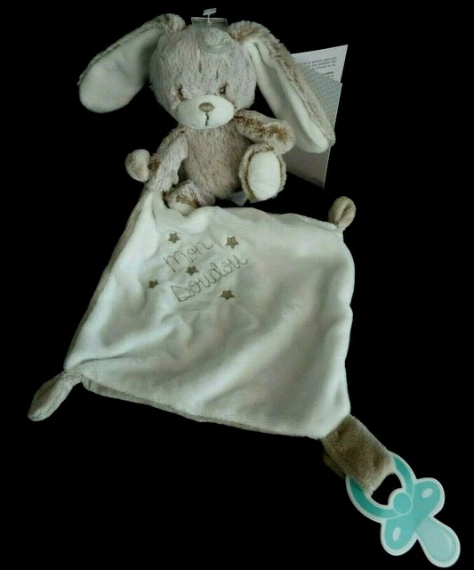 A8. DOUDOU PELUCHE TEX BABY LAPIN BEIGE CHINé MARRON MOUCHOIR BLANC - NEUF 2