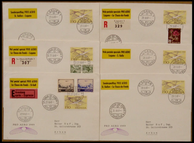 LUFTPOST 27/8.4.1949, Pro Aero Sonderflüge, alle 6 Etappen, Pracht