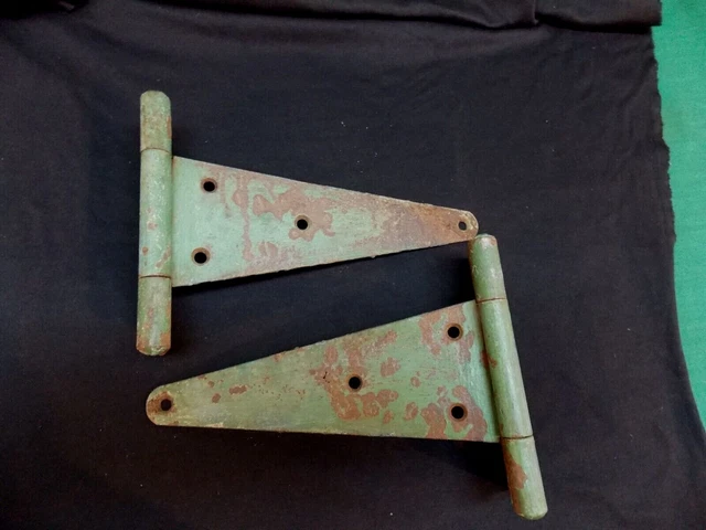 2 vtg 10" T strap hinges Rusty Farm gate barn 12" overall Lrg pair Green paint 7