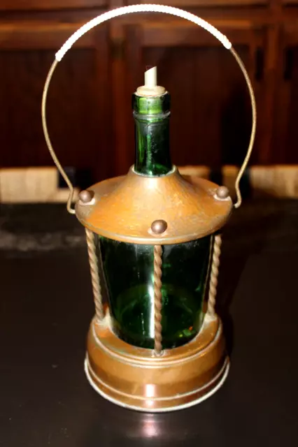 Vtg German Copper Green Bottle Glass Decanter Music Box He's a Jolly Good Fellow