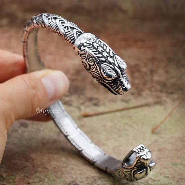 Stainless steel Mens Norse Viking Fenrir Snake Head Cuff Bangle Bracelet For Men