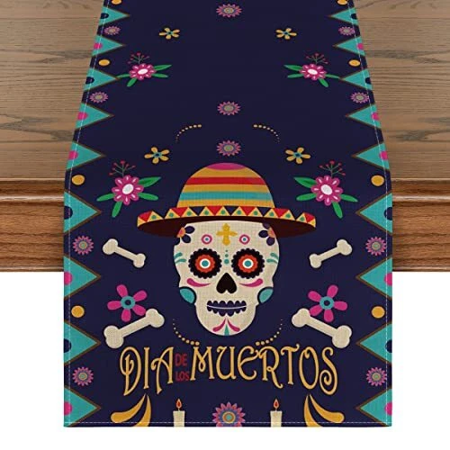 Artoid Mode Dia De Los Muertos Sugar Skull Table Runner, Day of The Dead Kitc...