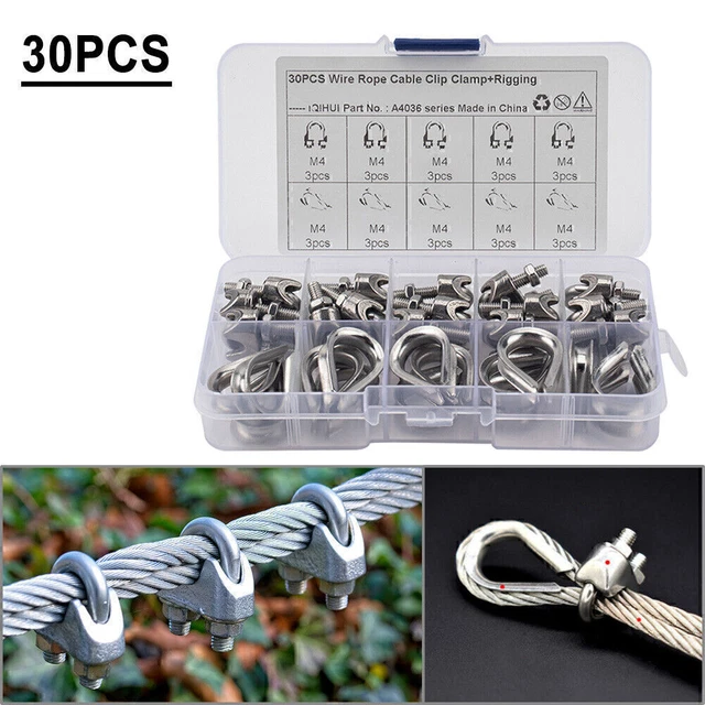 30 pz morsetti fissi in corda metallica acciaio inox M4 con anello triangolare nuovi