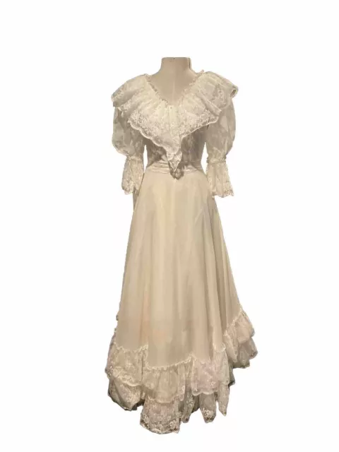 Vintage 1970’S Edwardian Style White Chiffon Wedding Dress