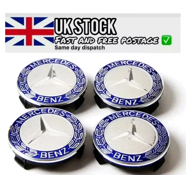 4 X BLUE Mercedes Benz 75mm Alloy Wheel Centre Caps AMG A B C E S M ...